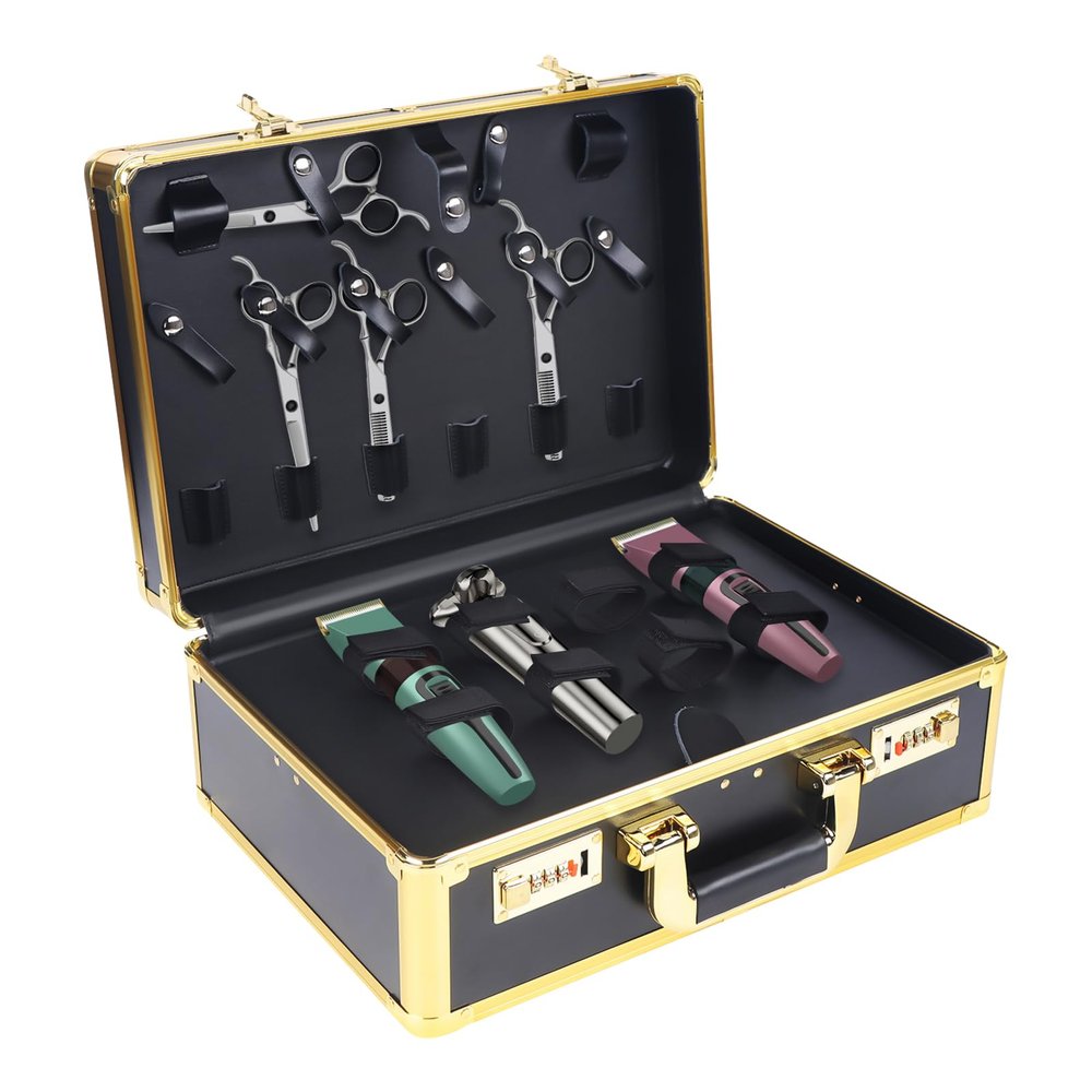 Barber Case Organizer Professional Barber Clipper Case w/Lock Barber Travel Carrying Case Stylist Tool Large Salon Hair Cutting Tool Storage Organizer For Makeup Clippers Scissors Beauty (Black/Gold)