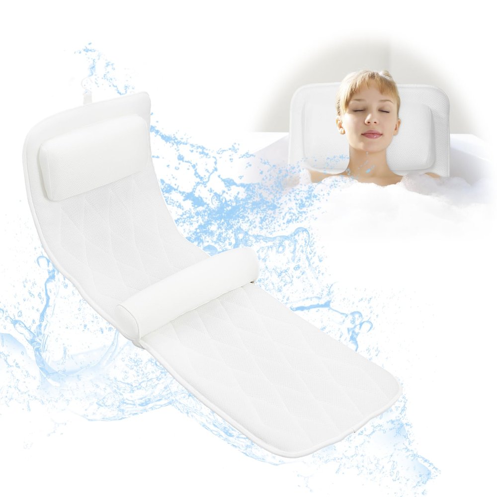 Inlisy Full Body Bath Pillow, Bathtub Pillow for Headrest Neck and Back Support, Upgraded Bath Pillows Mat Cushion for Tub Full Body with Non-Slip Suction Cups & Hook