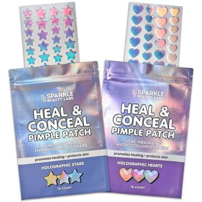Sparkle Beauty Labs Heal & Conceal Holographic Cute Pimple Patch Bundle (156 Count) Iridescent Heart & Star Shaped Hydrocolloid Acne Patches for Face, Fun Hydrocolloid Zit Stickers