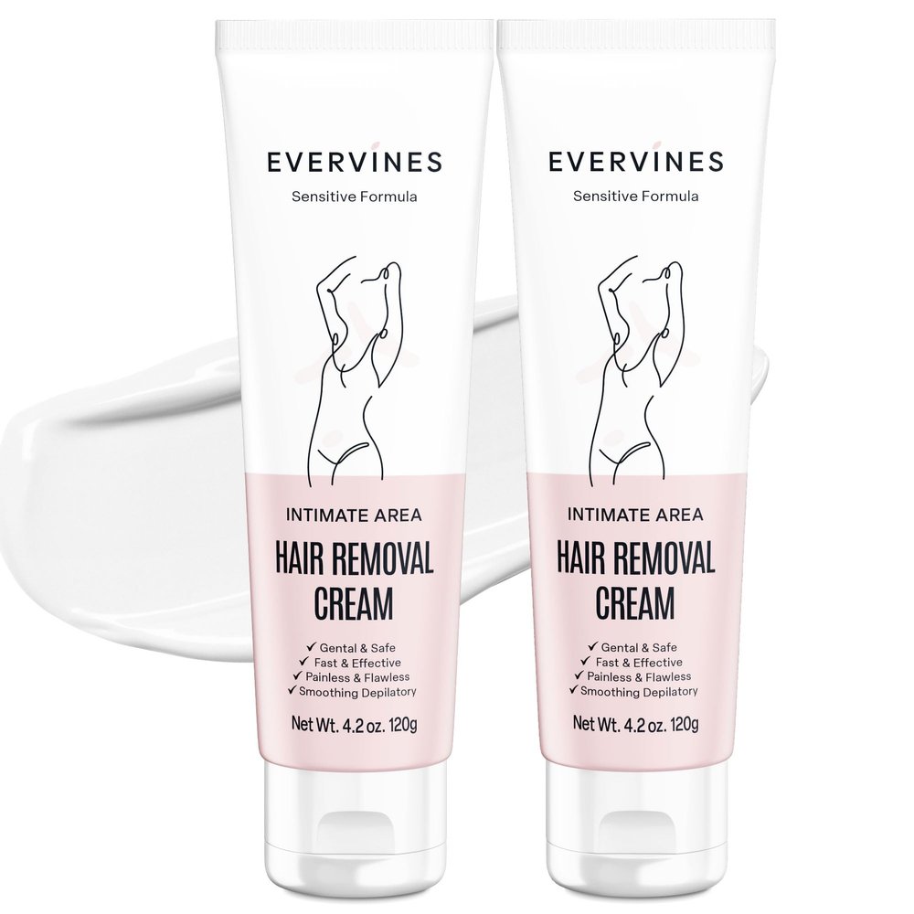 Evervines Hair Removal Cream for Women - Gentle Depilatory for Sensitive Skin - Bikini Line Legs Underarms & Face with Scraper (4.2oz)(2Pack)