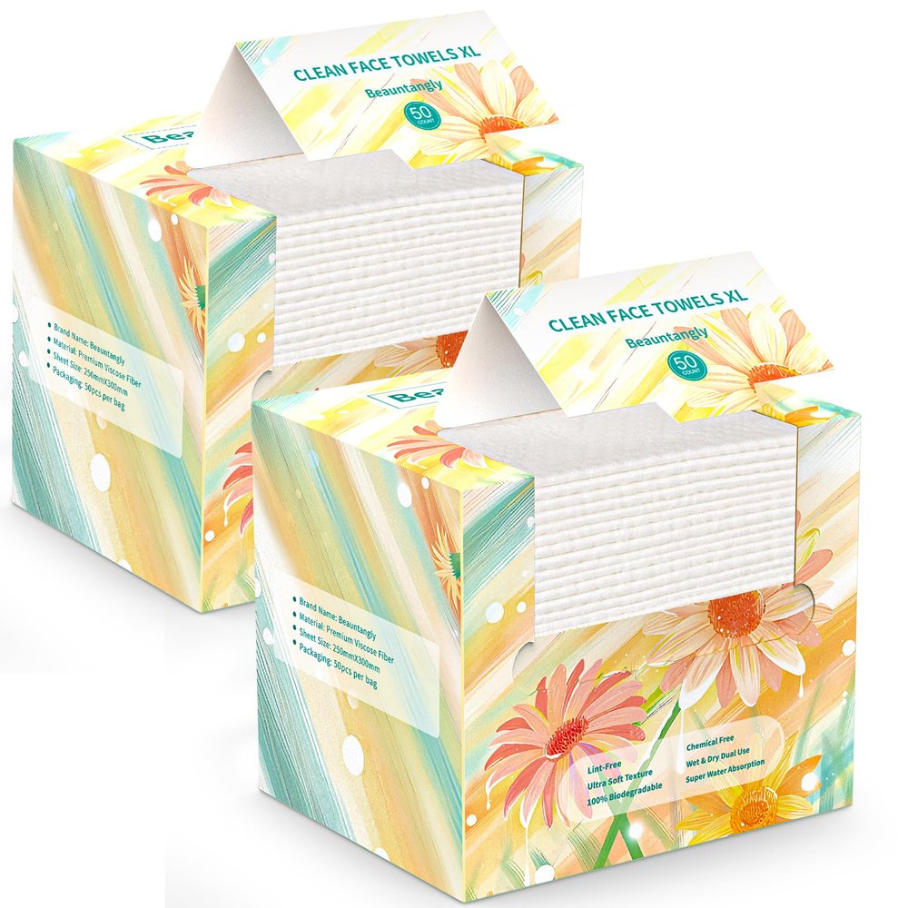 Beauntangly Disposable Face Towel, XL Facial Towelettes Soft Thick Absorbent, Lint-Free Biodegradable Makeup Remover Dry Wipes for Skin Care Washing Drying Nursing Camping Travel Essentials, 100 Ct