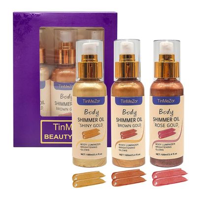 Body Shimmer Lotion,Shimmer Body Oil,Highlighter, Glitter Oil, Liquid illuminate Spray Waterproof Long Lasting Brown,Gold,Rose Gold color Gift Set (3 pcs in pack,300ml)