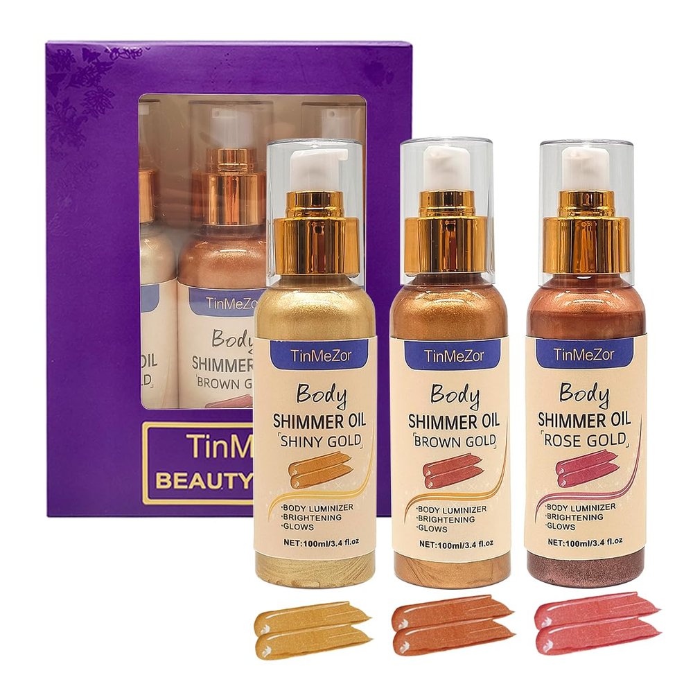 Body Shimmer Lotion,Shimmer Body Oil,Highlighter, Glitter Oil, Liquid illuminate Spray Waterproof Long Lasting Brown,Gold,Rose Gold color Gift Set (3 pcs in pack,300ml)