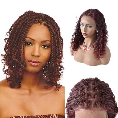 FNY HAIR 18 Inch Lace Front Box Braided Wig for Black Women Hand Braids Wigs with Baby Hair Lightweight Synthetic Hair Piece Micro Twist Braid Curly Ends Braided Wigs (#1B/99JT Black Mix Wine Red)