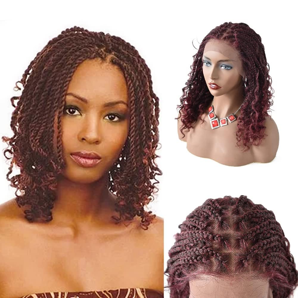 FNY HAIR 18 Inch Lace Front Box Braided Wig for Black Women Hand Braids Wigs with Baby Hair Lightweight Synthetic Hair Piece Micro Twist Braid Curly Ends Braided Wigs (#1B/99JT Black Mix Wine Red)