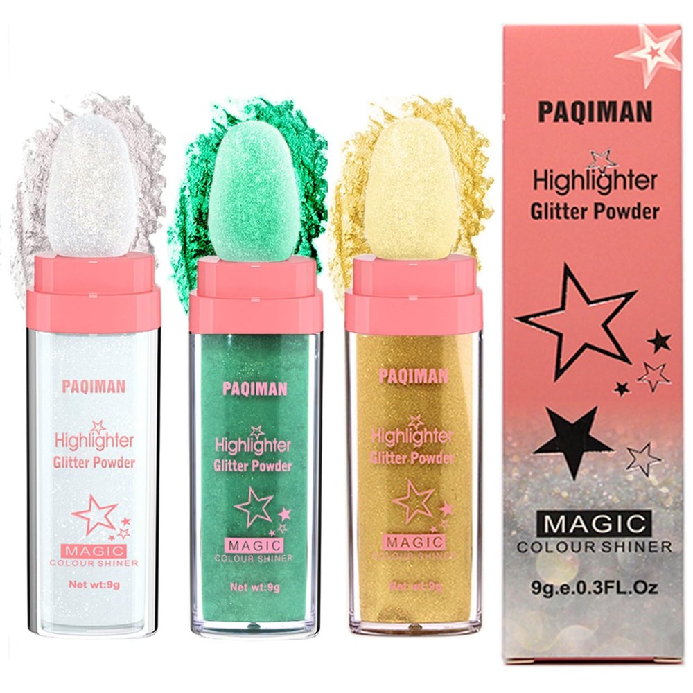 3 Colors Glitter Powder Highlighter Makeup, Body Brightens the Natural Three-Dimensional Face Blusher Fairy Highlight Patting Powder. (01#White Moonbeam/04# Green/05# Gold)