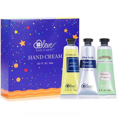 BODY & EARTH # LOVE Hand Cream Gift Set, Mothers Day Gifts for Mom Gifts, Natural Hand Cream with Vitamin E and Argan Oil for Dry Hands, 3x2.0 oz Travel Size Hand Lotion, Birthday Gifts for Women