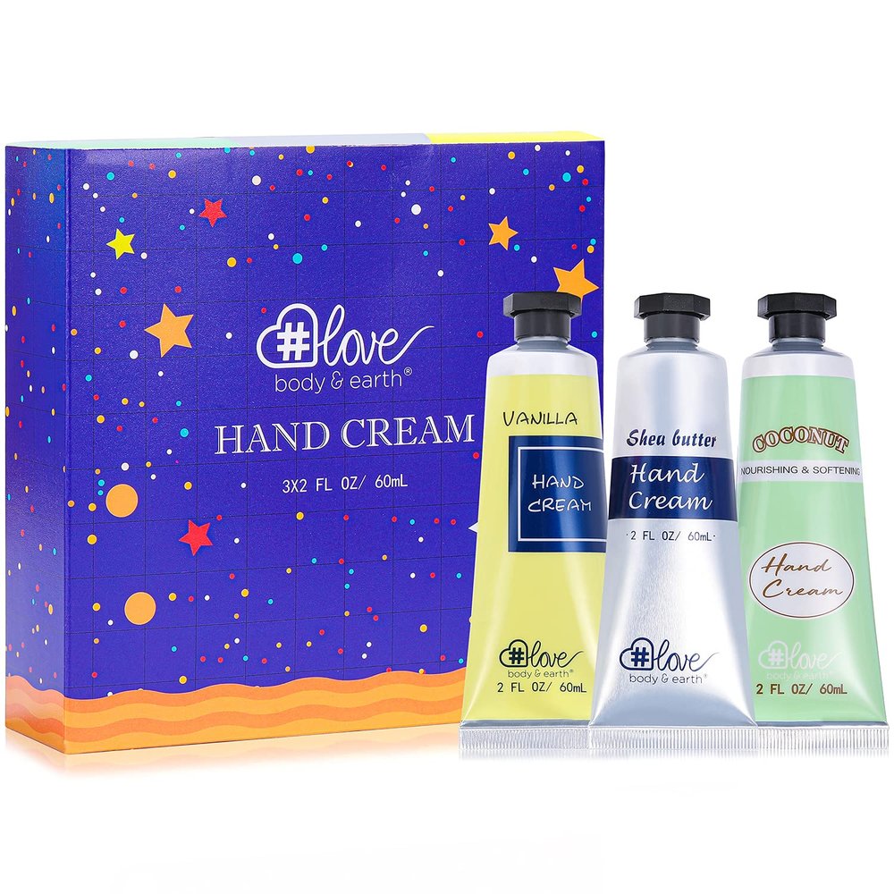 BODY & EARTH # LOVE Hand Cream Gift Set, Mothers Day Gifts for Mom Gifts, Natural Hand Cream with Vitamin E and Argan Oil for Dry Hands, 3x2.0 oz Travel Size Hand Lotion, Birthday Gifts for Women