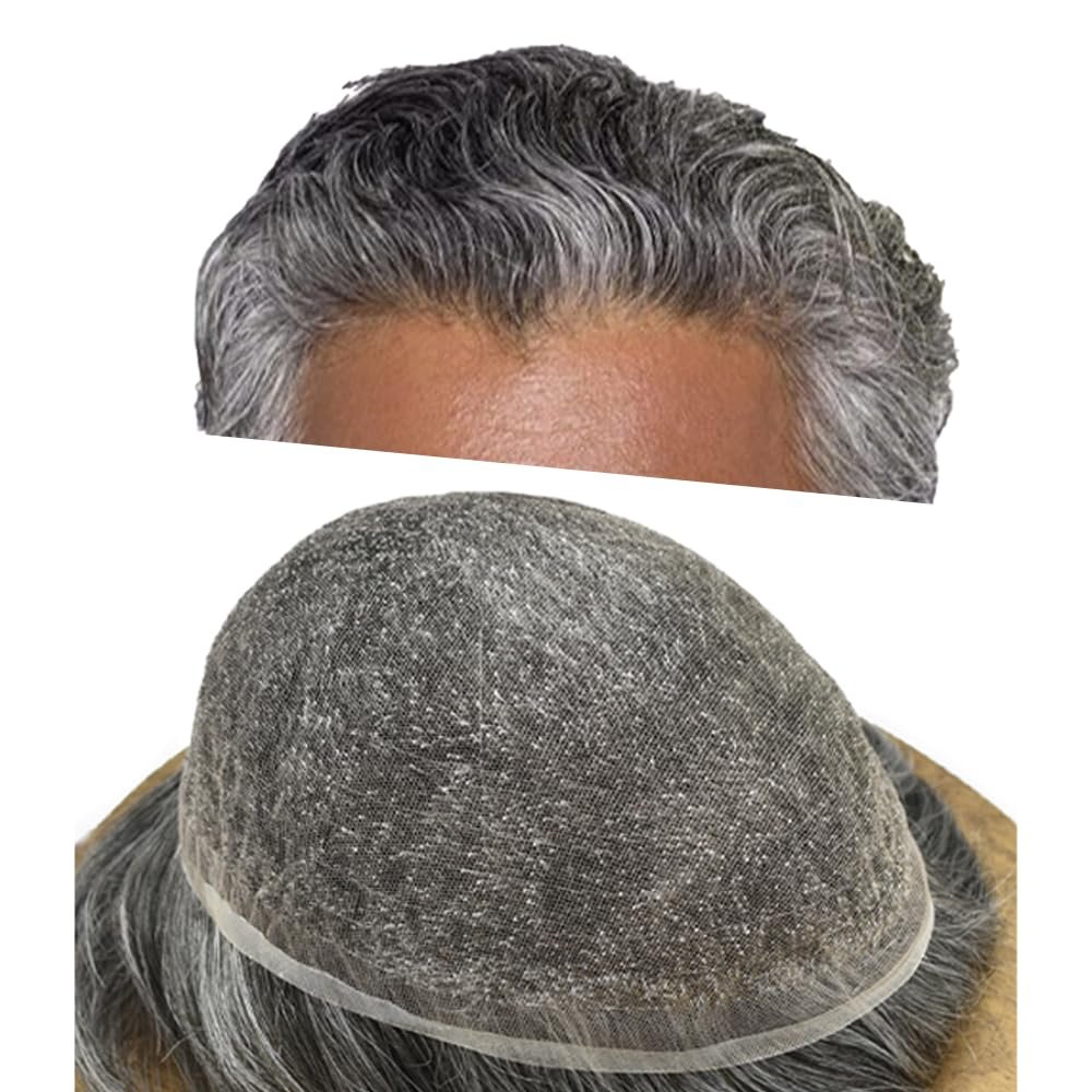 Right Hair Hair Toupee For Men Remy Human Hair Swiss Lace Mens Toupee Bleached Knot Hair Piece For Men Hair Replacement System Mens Hairpiece 7X9#1B60#1B Off Black+60% Grey 120% Density