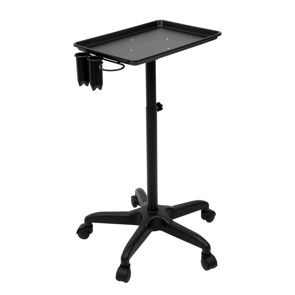 Tattoo Tray Rolling Trolley, Salon Rolling Tray Adjustable Height Utility Cart with 5 Rolling Casters Beauty Rolling Salon Tray Station Salon Stations for Hair Stylist Clinic Spa (Black w/Tool Holder)