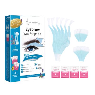 Beauty7 Sensitive Eyebrow Wax Strips, Facial Hair Removal for Men, Eyebrow Waxing Strips, 24 Strip 4 Calming Oil Wipes, Home Waxing for Men