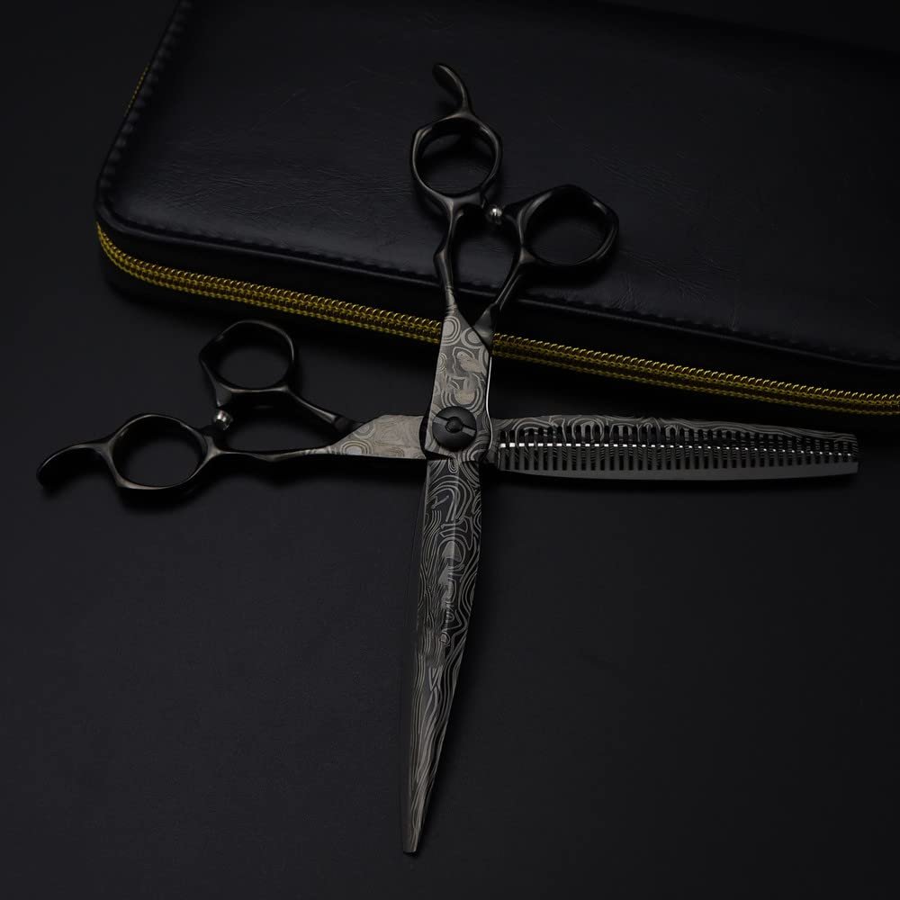 ERoomQ Hair Cutting Scissors, 7 Inch Professional Black Damascus Upscale Scissor Cut Hair Cutting Scissors Thinning Barber Haircut Shears Hairdressing Scissors Set