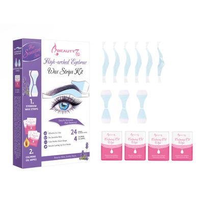 Beauty7 Sensitive High Arched Eyebrow Wax Strips Kit, Facial Hair Removal, 24 Eyebrow Waxing Strips, 4 Calming Oil Wipes, for Sensitive Skin Types for Women (24 Strips)