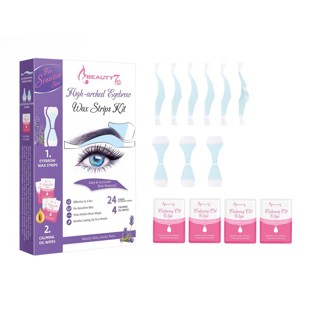 Beauty7 Sensitive High Arched Eyebrow Wax Strips Kit, Facial Hair Removal, 24 Eyebrow Waxing Strips, 4 Calming Oil Wipes, for Sensitive Skin Types for Women (24 Strips)