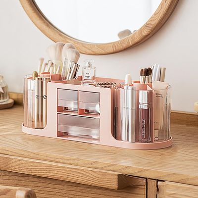 360 Rotating Makeup Brush Holder with 3 Drawers, Makeup Organizer Countertop with 10 Slots Pencil Holder,Hair Comb Holder for Vanity (Pink (3 Drawer))