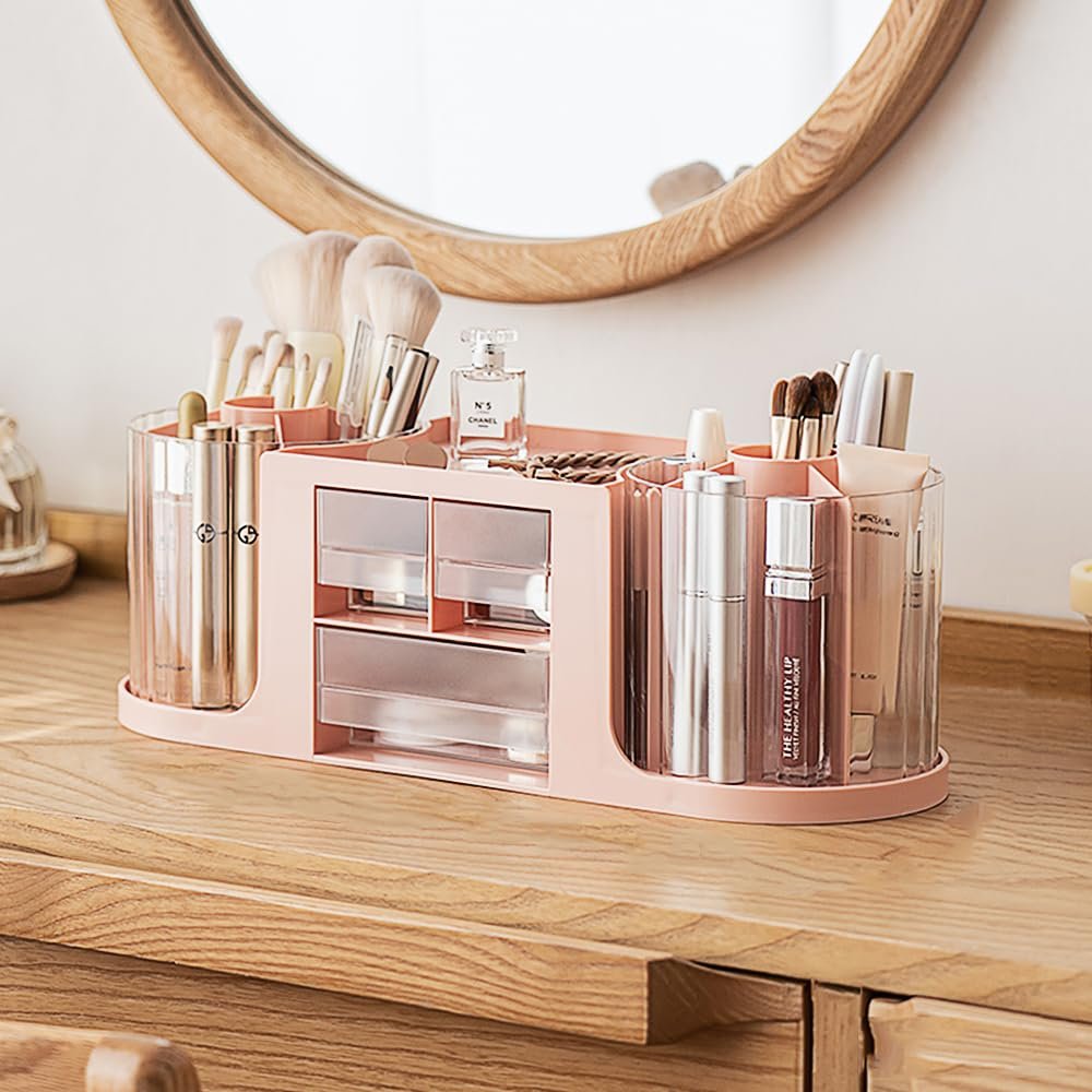 360 Rotating Makeup Brush Holder with 3 Drawers, Makeup Organizer Countertop with 10 Slots Pencil Holder,Hair Comb Holder for Vanity (Pink (3 Drawer))