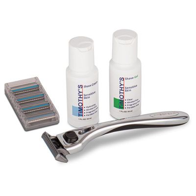 Timothy's Starter Shave Kit for Men-Precision 5 blade razor system with reusable silver handle, 1 oz. concentrated premium shave cream, 1 oz. concentrated shave gel, blade cover