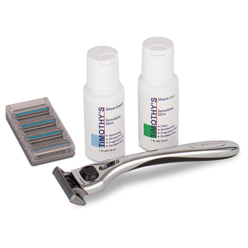 Timothy's Starter Shave Kit for Men-Precision 5 blade razor system with reusable silver handle, 1 oz. concentrated premium shave cream, 1 oz. concentrated shave gel, blade cover