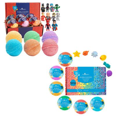 Bath Bombs for Kids with Surprise Toy Inside, 6 Pack Squishy Bath Toys and 6 Pack Superhero Bubble Bath Bomb, Gentle and Kids Safe, USA Made, Birthday Gift for Kids by Two Sisters