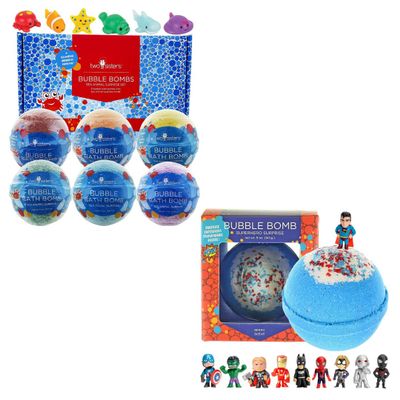 Bath Bombs for Kids with Surprise Toy Inside, 6 Pack Sea Animal Bath Toys and 1 Pack Superhero Bubble Bath Bomb, Gentle and Kids Safe, USA Made, Birthday Gift for Kids by Two Sisters