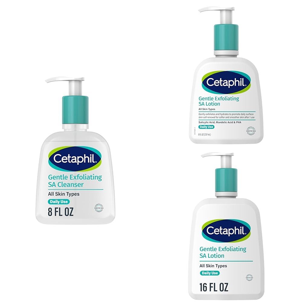 Cetaphil Gentle Exfoliating SA Cleanser, Foaming Gel Cleanser, 8 Oz Pump Bottle, Salicylic Acid + Gentle Exfoliating SA Lotion, Lightweight Moisturizer, 8 Oz & 16 Oz Pump Bottles, Bundle