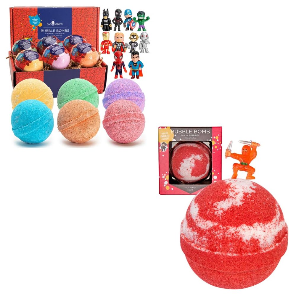 Bath Bombs for Kids with Surprise Toy Inside, 6 Pack Superhero Bath Toys and 1 Pack Ninja Bubble Bath Bomb, Gentle and Kids Safe, USA Made, Birthday Gift for Kids by Two Sisters