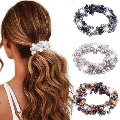 CAKURE Rhinestone Ponytail Holders Fancy Hair Ties Silver Scrunchies Sparkly Hair Accessories for Women
