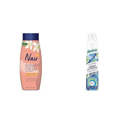 Bundle of NAIR Shower Cream Hair Remover 12 oz + Batiste Sweat Activated Dry Shampoo, Neutralizes Odor for Up to 24 Hours & Prevents Sweat Buildup in Hair, Waterless Shampoo, 3.81 Oz