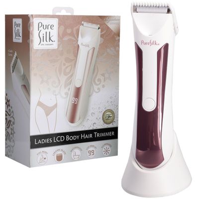 Pure Silk Body Hair Trimmer for Women, Rechargeable Womens Trimmer for Body Hair with 4 Guide Combs, Hypoallergenic and Heat-Resistant Ceramic Blades, LCD Screen, Built in Light, Waterproof