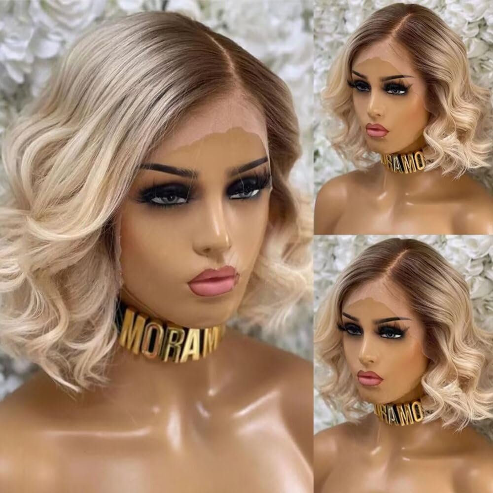 13x4 Ombre Blonde Bob Lace Front Wig Human Hair Pre Plucked HD Transparent Lace Frontal Wigs 4/613 Color Short Bob Glueless Human Hair Wigs For Women Bleached Knots 150% Density 8Inch