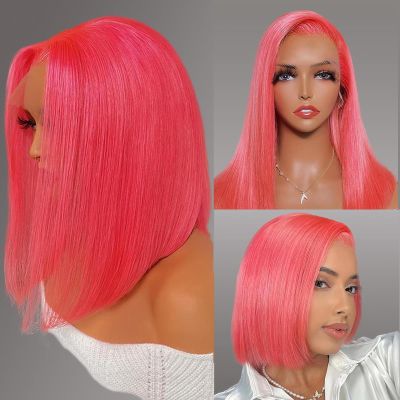 13x4 HD Lace Front Bob Wig Human Hair Pre Plucked with Baby Hair Full 180% Density Lace Frontal Glueless Wigs for Women Colored Hot Pink Blunt Cut Short Bob Wigs 16 Inch