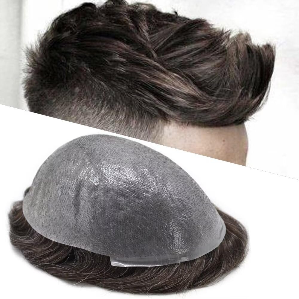 Super Thin Skin Toupee for Men Hair Systems V-looped Knotless Mens Toupee Soft Human Hairpiece 0.04mm PU Men Hair Piece Light Density Hair System 7X9"-100% density#340 Dark Brown+40% Gray