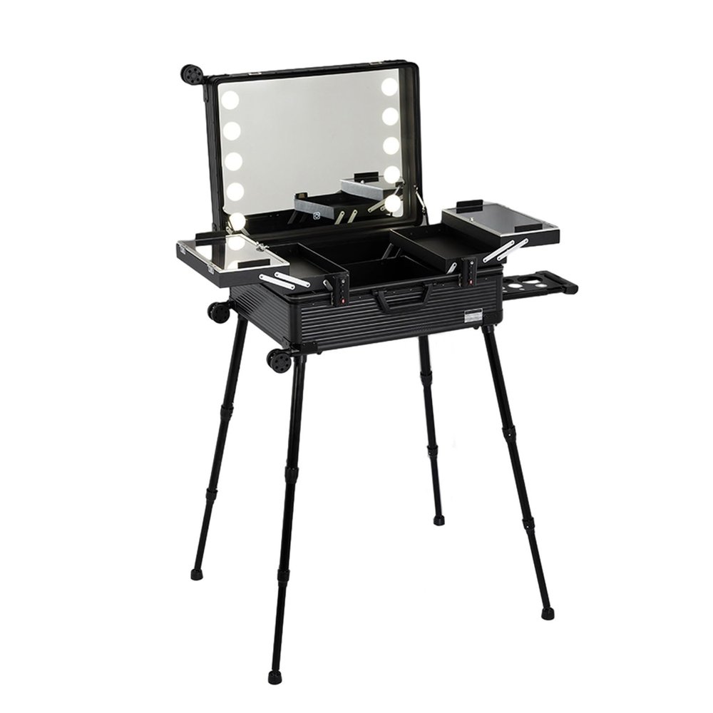 XQZMZSCP Rolling Cosmetic Organizer with 4 Rolling Wheels 8 Lights and Mirror, Aluminium Make Up Case,Beauty Makeup Train Case Travel Trolley (Black Stripe 52x40x22.5cm)