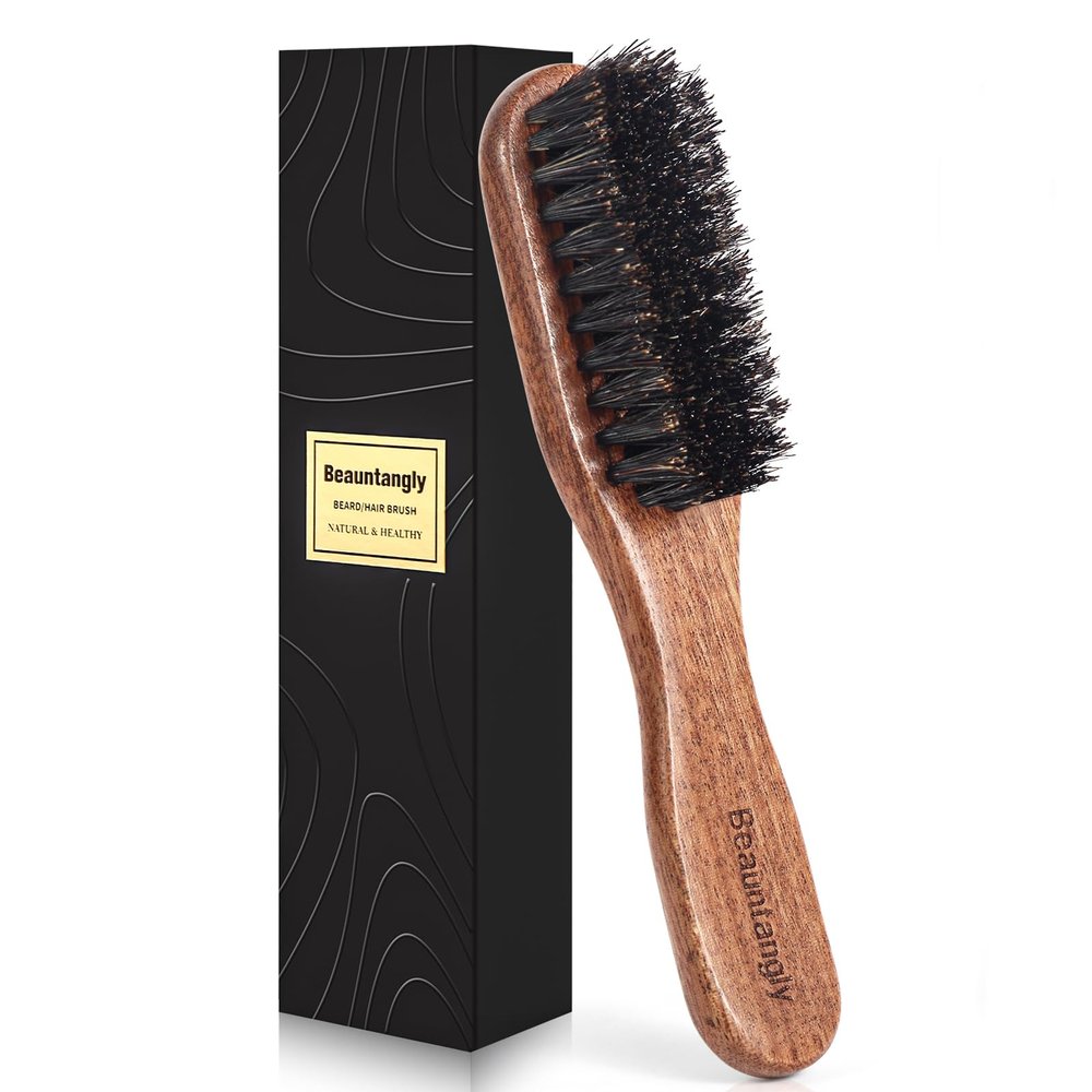 Beard Brush, 100% Real Wild Boar Bristle Walnut Wood Beard & Mustache Comb Brush for Mens Beard Grooming and Care, Gift for Men to Straighten and Promote Beard Growth