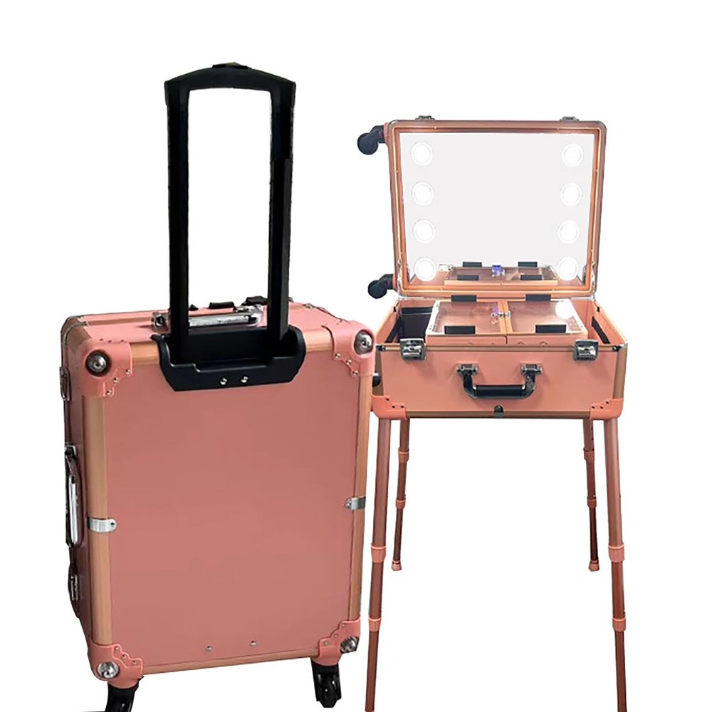 XQZMZSCP Rolling Makeup Case, Makeup Suitcase with Wheels and Stands, Makeup Station with Mirror and 8 LED Lights for Travel (Rose Gold)