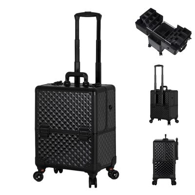 XQZMZSCP Aluminium Make Up Case, Rolling Makeup Case,Multi-Functional Cosmetic Train Case, Large Trolley Storage Case, Rolling Cosmetic Organizer (Black)