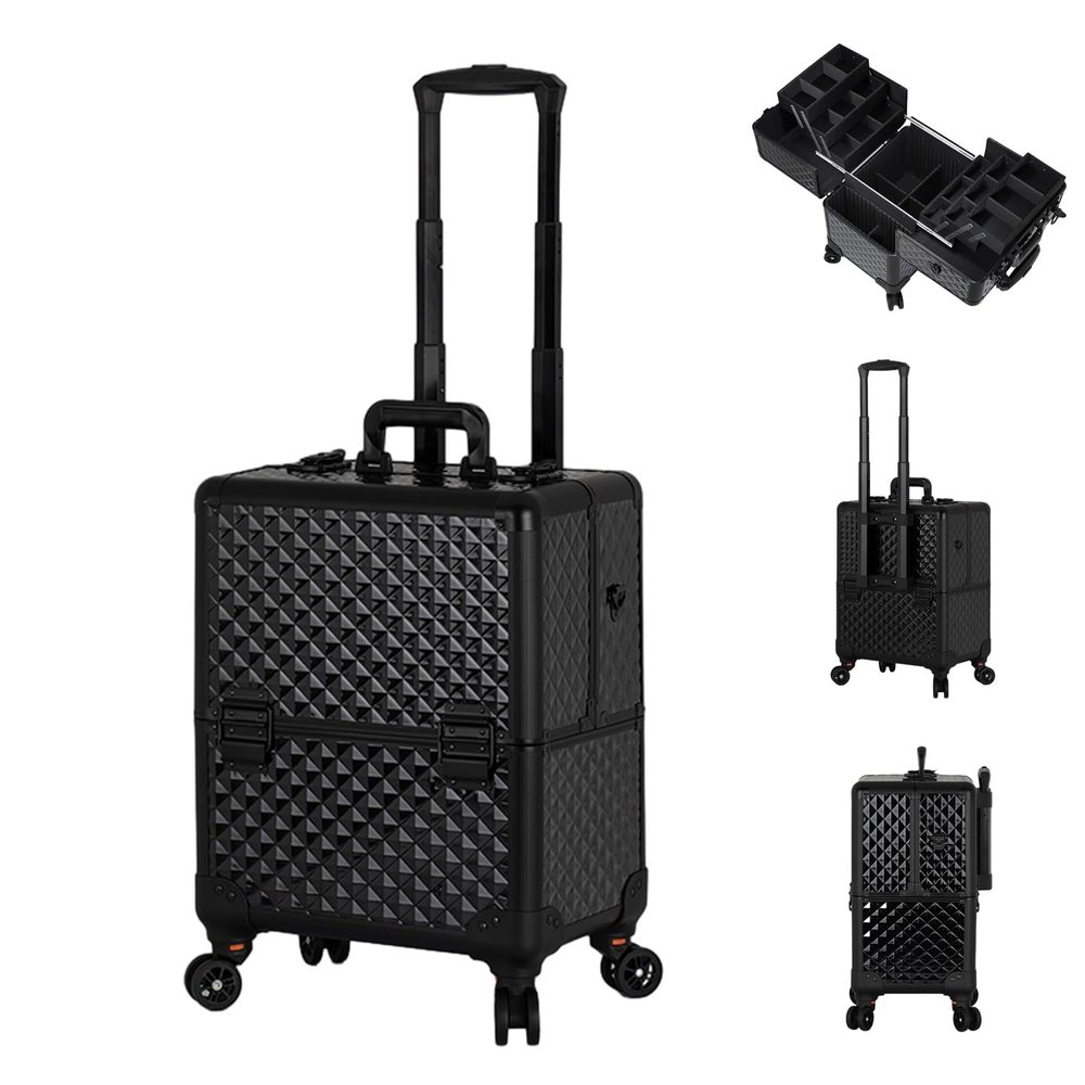 XQZMZSCP Aluminium Make Up Case, Rolling Makeup Case,Multi-Functional Cosmetic Train Case, Large Trolley Storage Case, Rolling Cosmetic Organizer (Black)