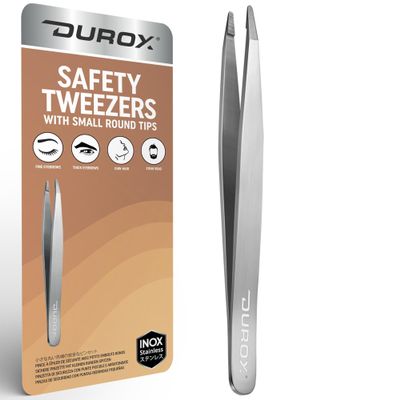 DUROX Round-Tip Tweezers  Gentle Chin & Facial Hair Removal for Women. Precision tweezers with small rounded/blunt tips for safe brow shaping and chin hair removal. Made of Stainless Steel