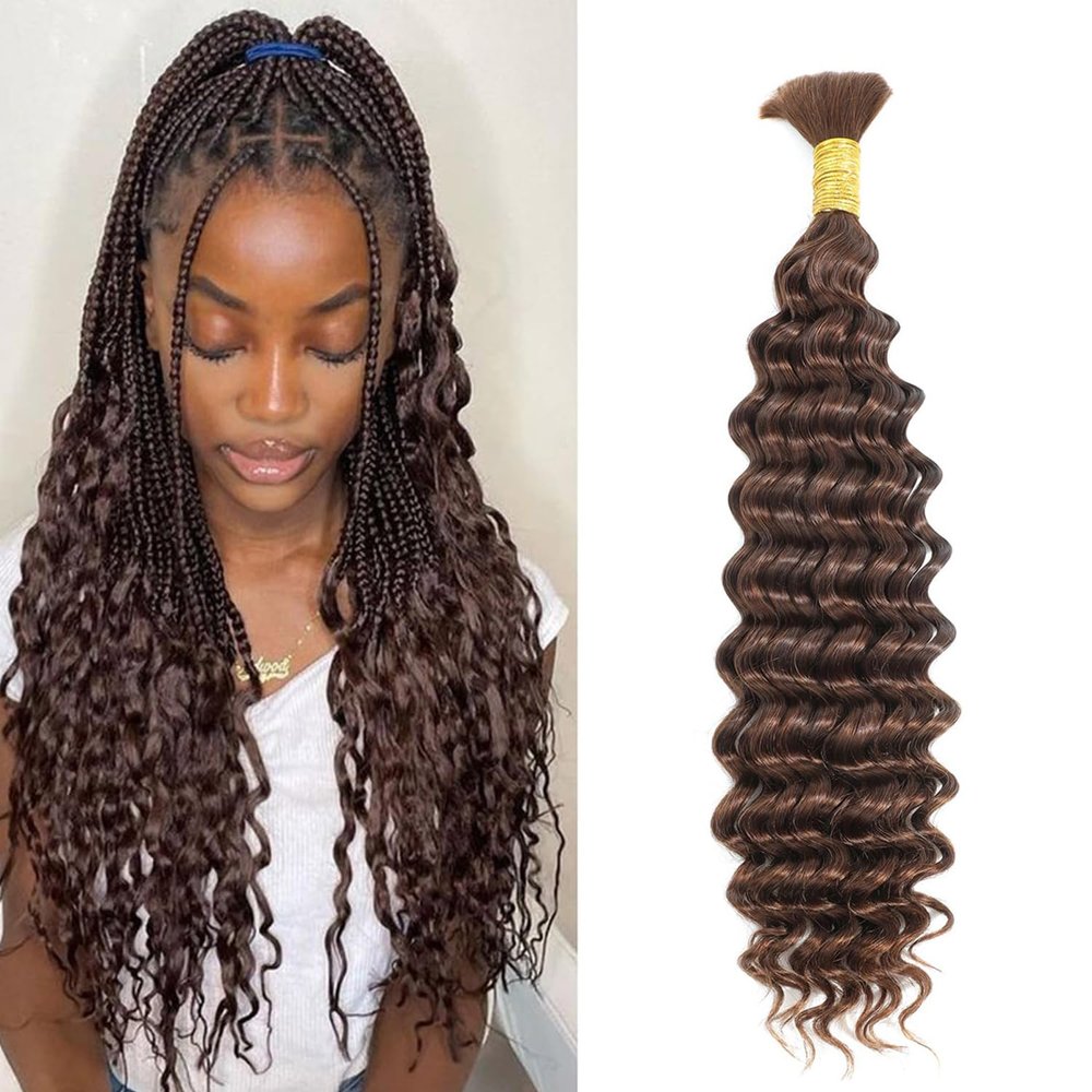 Deep Wave Bulk Human Braiding Hair for Boho Braids 22 Inch Color 4 Curly Brown Bundles Bulk Human Hair for Braiding 12A Wet and Wavy Boho Braids Human Hair No Weft 50g 1 Bundle