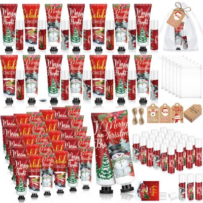 Dimsile 50 Sets 200 Pcs Christmas Hand Lotion and Lip Balm Sets Christmas Stocking Stuffers Holiday Treat Gifts Goodie Xmas Party Supplies for Women Men Lip Care with Organza Bags Tags (Vintage Style)