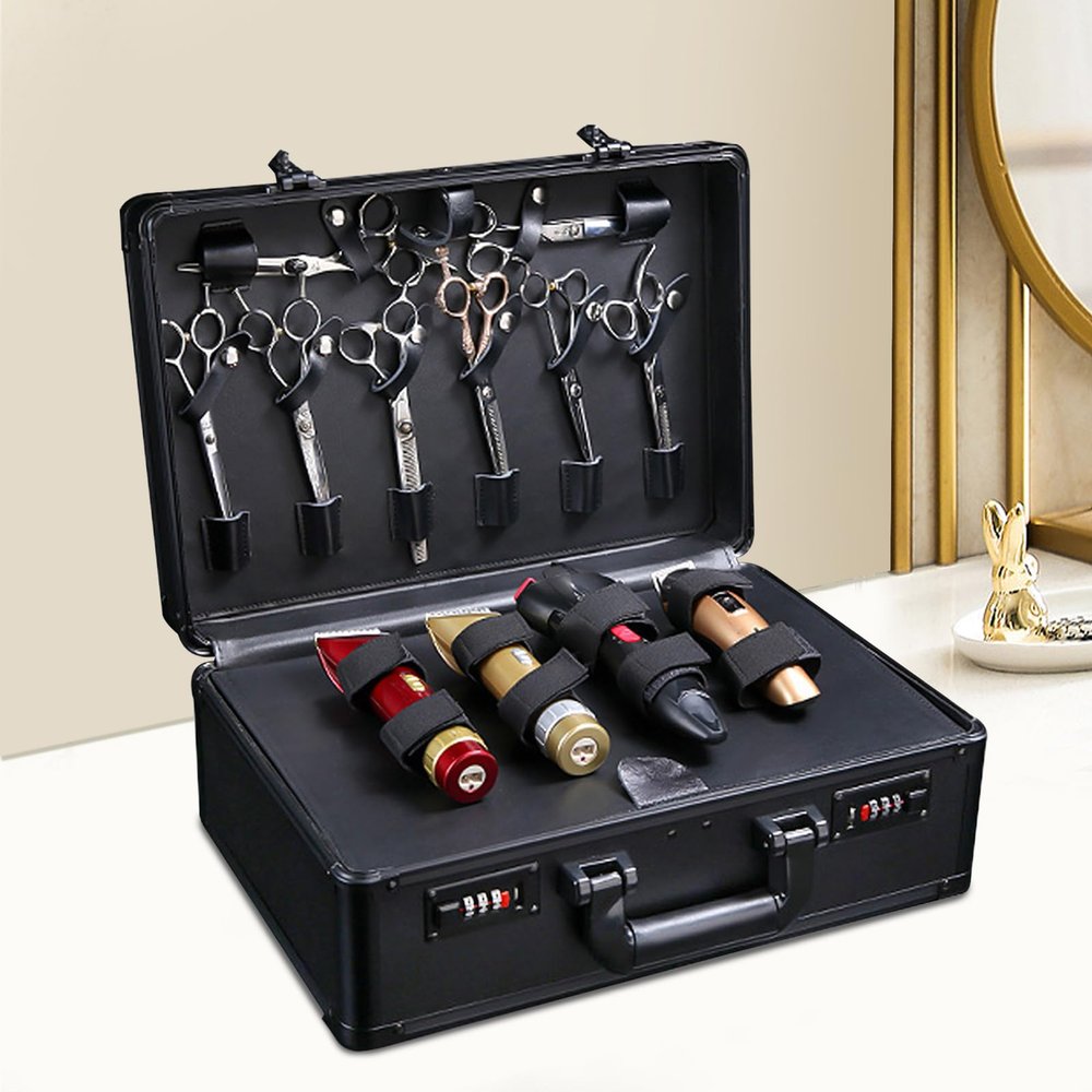 15.7 Inch Black Barber Carrying Case, Hair Stylist Tool Kits Organizer, Professional Barber Beauty Salon Tool Kits, Portable Barber Travel Carry Case with Code Lock (Black)