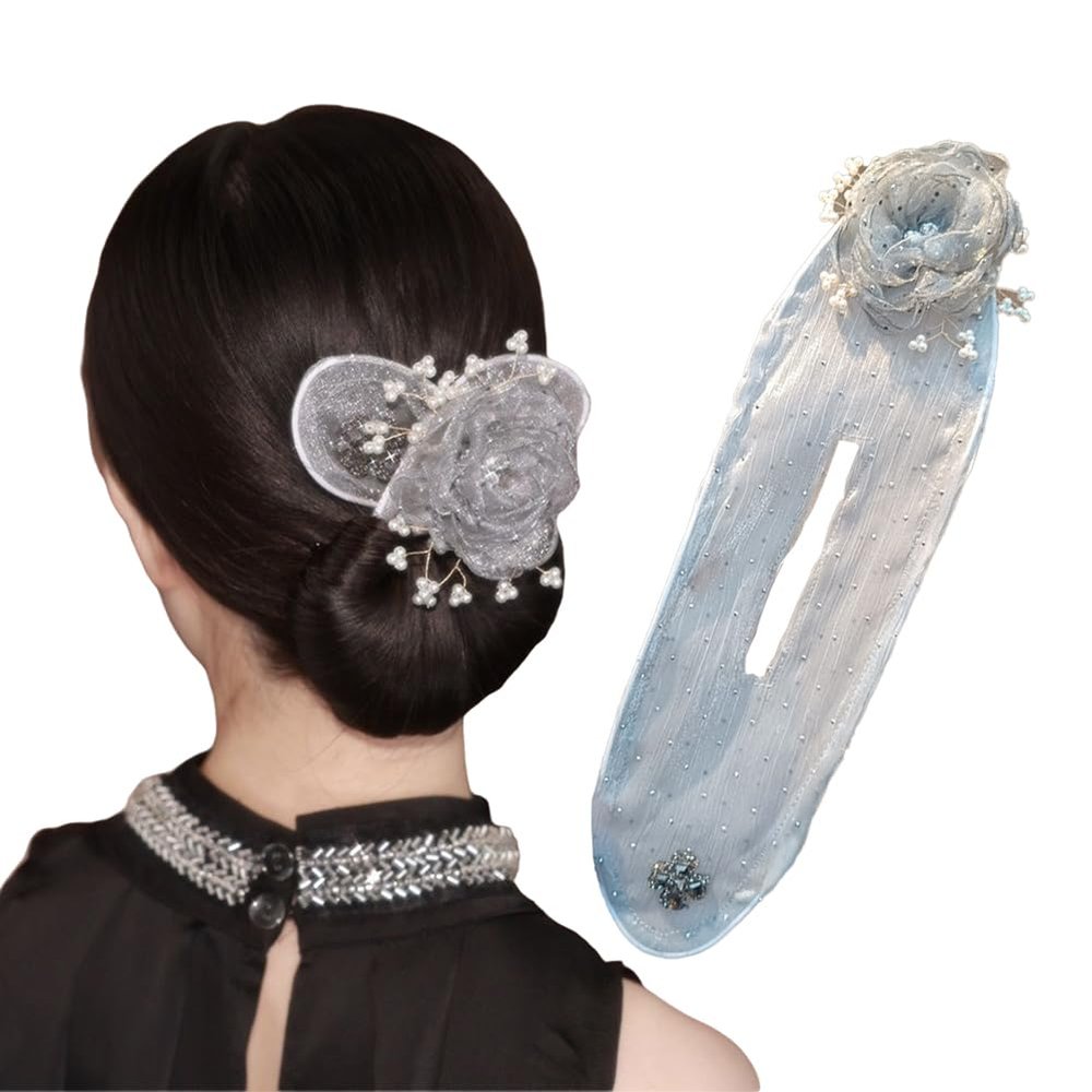 Insstyle Full Star Flower Hair Accessories, Elegant Embroidered Flower Hair Bun Roller for Long Hair, Deft Bun Lazy Hair Curler for Women Girls (B Sliver)