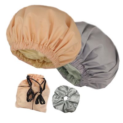 2Pcs Genergy Shower Cap, Adjustable, Large& Reusable &Satin Lined Shower Cap for Women Waterproof, Washable &Double Layers &Reversible Shower Caps (Litht grey+Apricot)