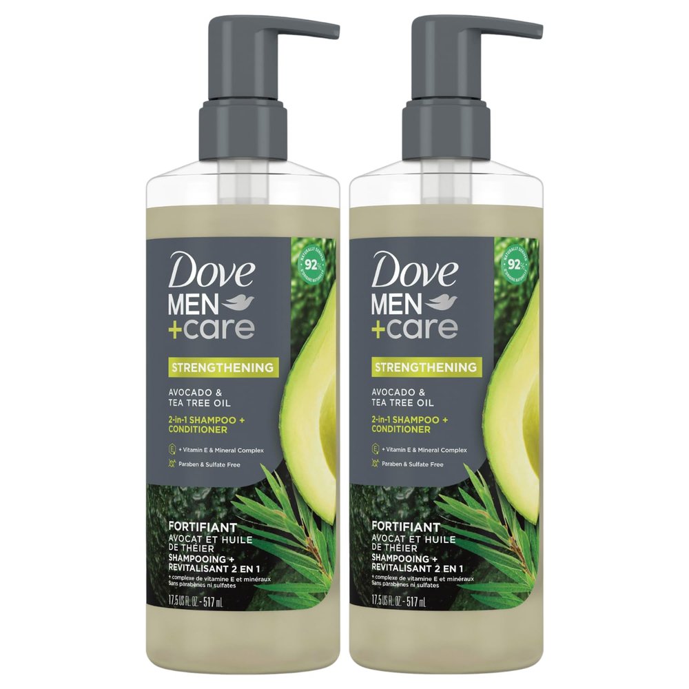 Dove Men+Care Shampoo and Conditioner 2-in-1, 2-Pack Strengthening with Vitamin E & Mineral Complex, Avocado & Tea Tree Oil, 17.5 Oz Ea