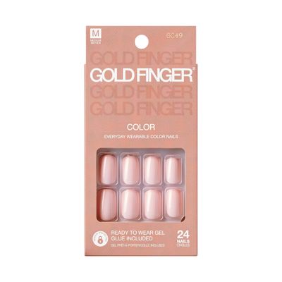 GoldFinger False Nails Kit, Ready to Wear Natural Pink Fake Nails, Manicure Stick and Glue Included, Medium Squavol Shape, Long-Lasting Hottest Trend Glue on Nails, Convenient & Easy to Apply