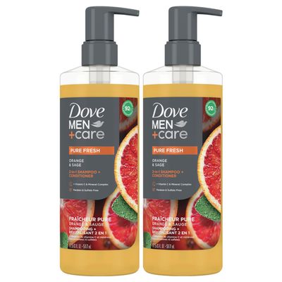 Dove Men+Care Shampoo and Conditioner 2-in-1, 2-Pack  Pure Fresh with Vitamin C & Mineral Complex, Orange & Sage, 17.5 Oz Ea