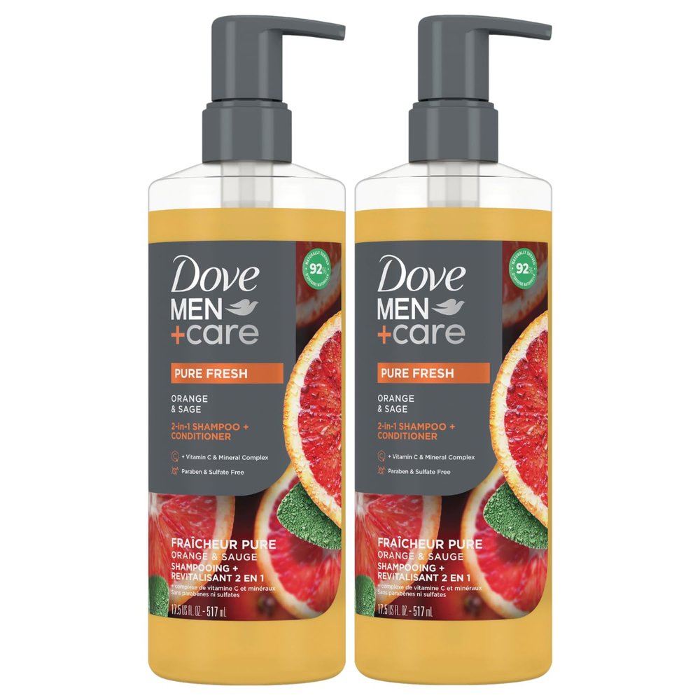 Dove Men+Care Shampoo and Conditioner 2-in-1, 2-Pack  Pure Fresh with Vitamin C & Mineral Complex, Orange & Sage, 17.5 Oz Ea