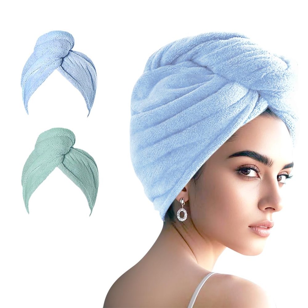 AGKXHDEC 2 Packs Single Layer Microfiber Hair Turbans - Drying Wrap for Women (Blue,Light Green)