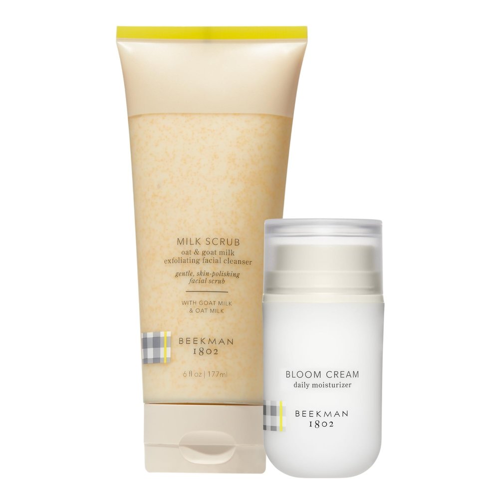 Beekman 1802 Milk Scrub Oat + Goat Milk Exfoliating Face Cleanser (6 fl oz) + Bloom Cream Daily Face Moisturizer (1.69 oz) - Good for Sensitive Skin - Cruelty Free