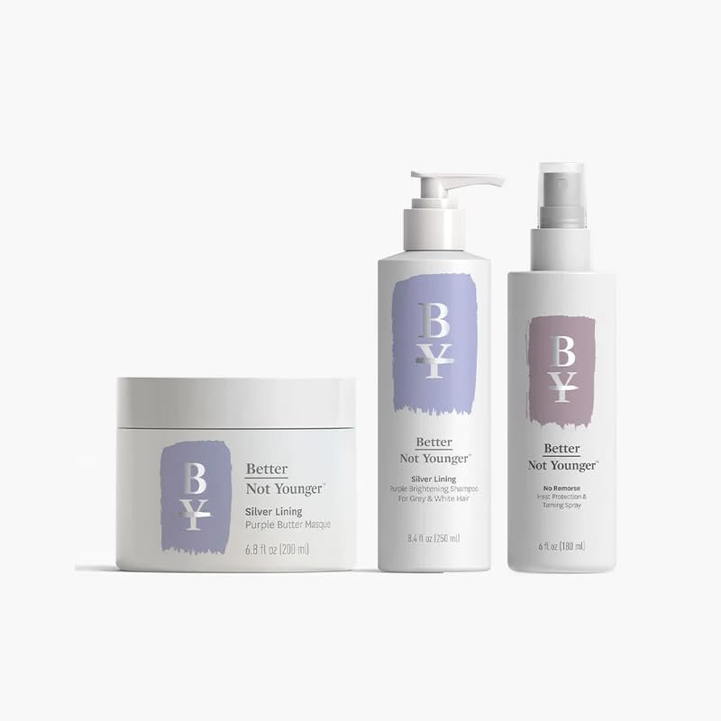 Better Not Younger Silver Lining Purple Shampoo, Hair Mask & Heat Protectant Spray Bundle for Women Over 40 - Neutralizes Brass, Hydrates & Shields Strands from Heat Damage. - for Gray & White Hair